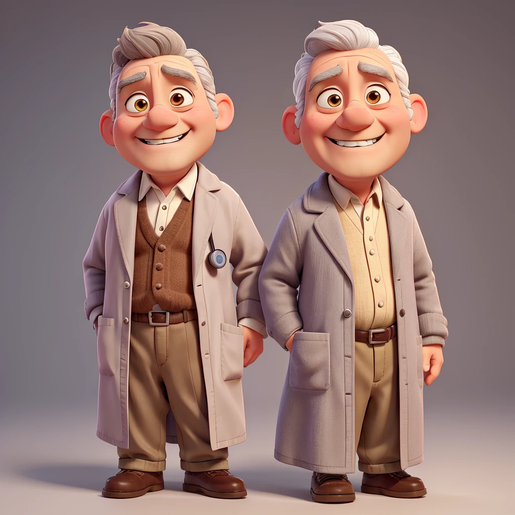 low old doctor, a little overweight, remake to disney persona, no beard, big ears, brown eyebrown low, grey hair, white coat, stethoscope, grin, grey hair, hair little slide to side, low eyes, large forehead, half-closed eyes, light smile