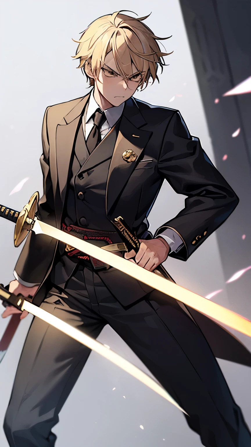 1boy, light blonde hair, katana, gun, green kimono, obi, big size, formal, villain, angry, brown eyes