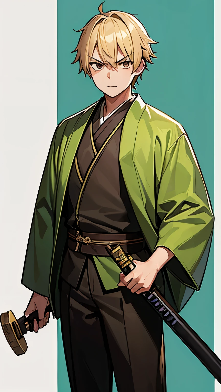 1boy, light blonde hair, katana, gun, green kimono, obi, big size, formal, villain, angry, brown eyes