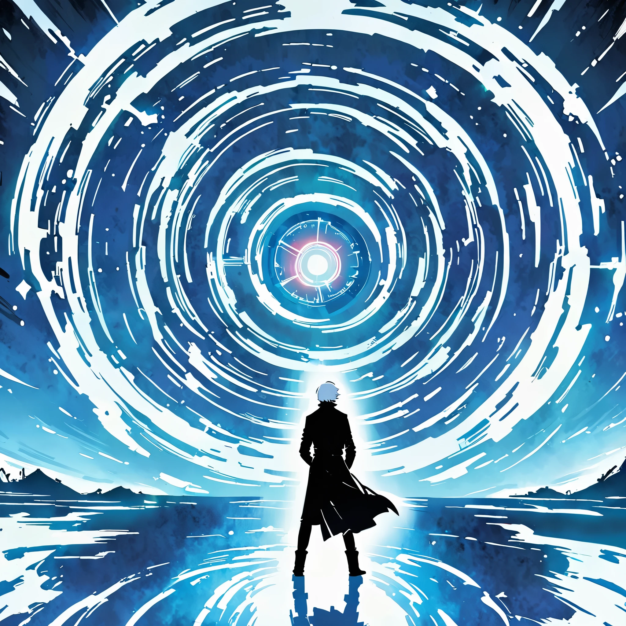 (Masterpiece), (Best Quality), illustration, Fictional world, Dungeonpunk, portal, ((anime styling))
Boy with white hair ( Similar to Satoru Gojo ) dark shaped eyes, Black clothing with white details, standing backwards, approaching the portal that is just ahead