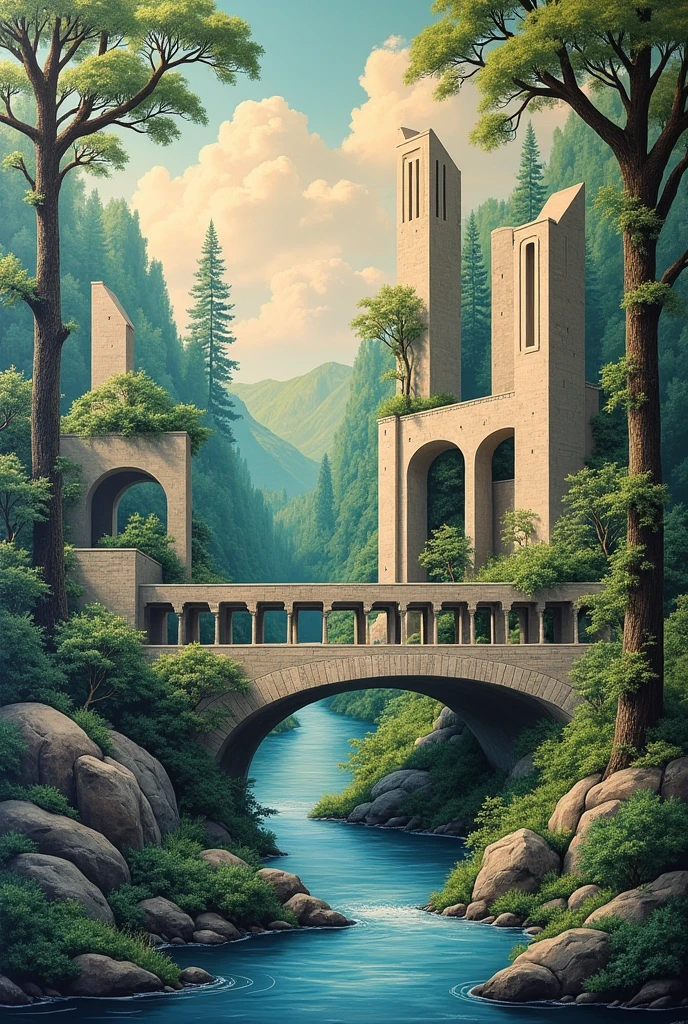 Mural on the balance between human work and nature, architecture