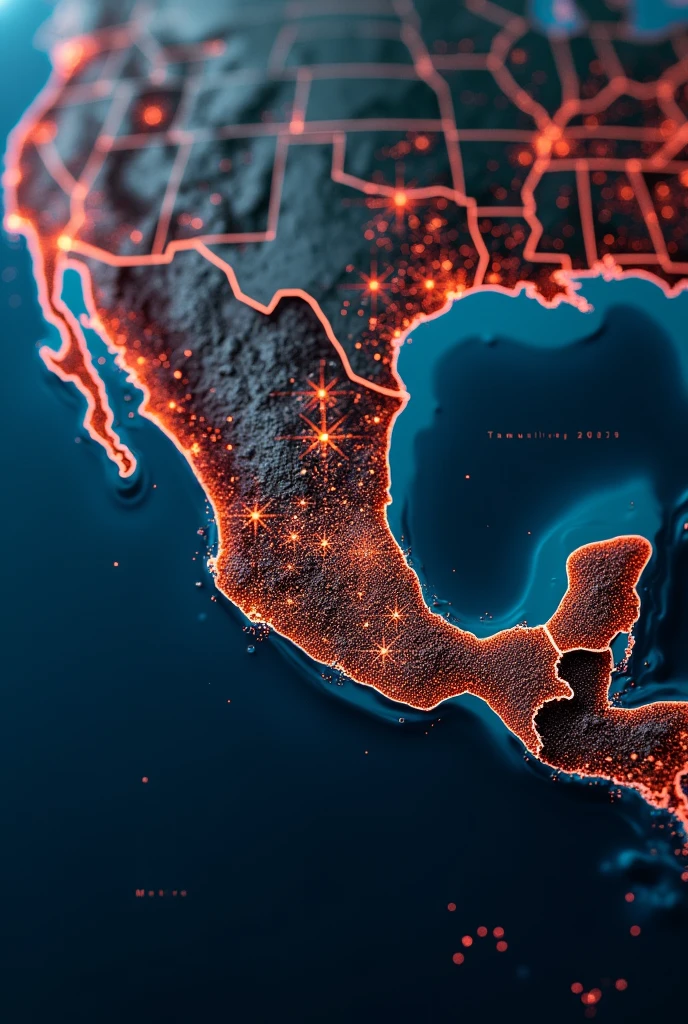 Create a futuristic image of the geography of Mexico, where I put a point in Tampico Tamaulipas and that from that point I take arrows to the countries of Europe and Latin America, as if these were connected as networks
