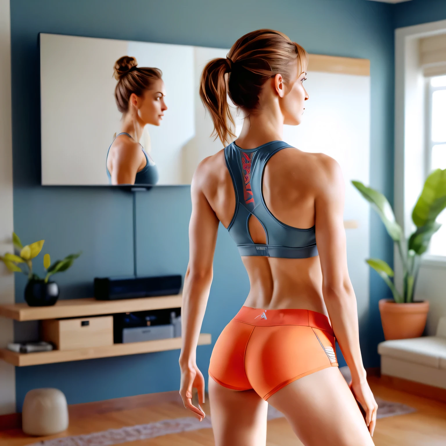 there is a woman in a sports bra top and shorts looking at a mirror, fit girl, fit woman, sport bra and shorts, toned derriere, fit body, toned body, shapely toned derriere, sporty physique, working out, fit pic, focus her back, sport bra and dark blue shorts, toned shape, fit curvy physique, fit physique, she is 45 years old.