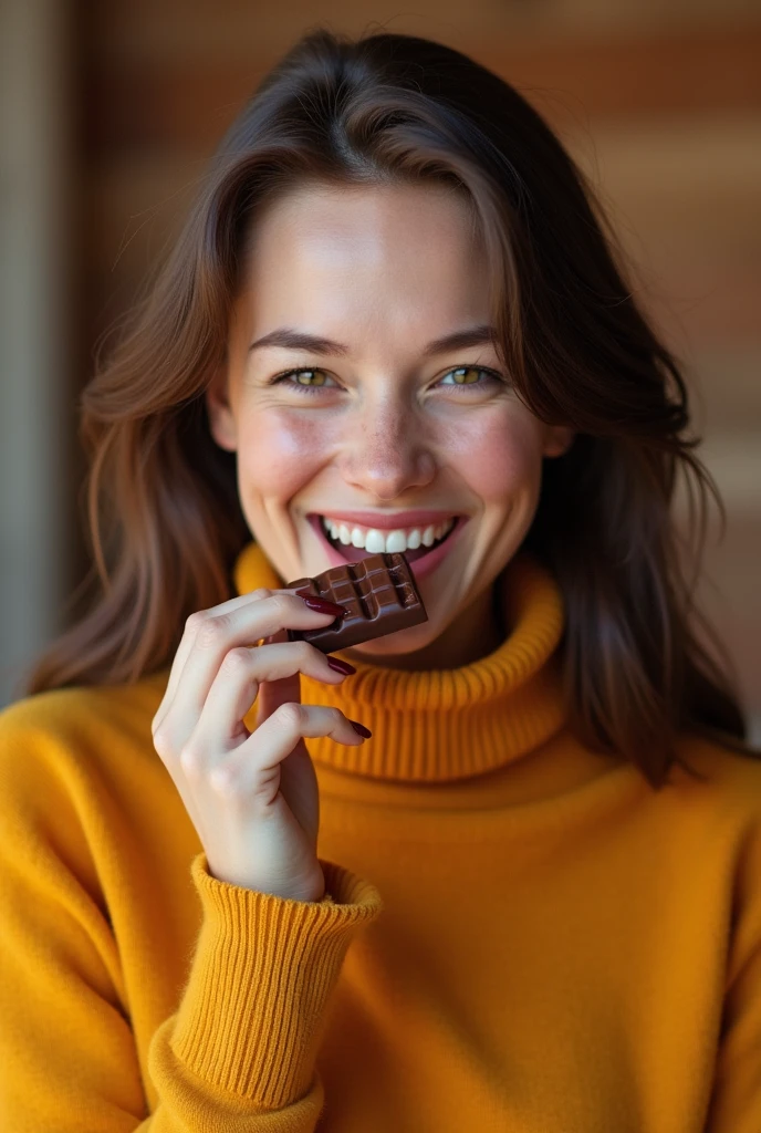 PICTURE REALISTIC, a one woman, from the waist up, Grinning, eating a brown candy in the shape of a bar.