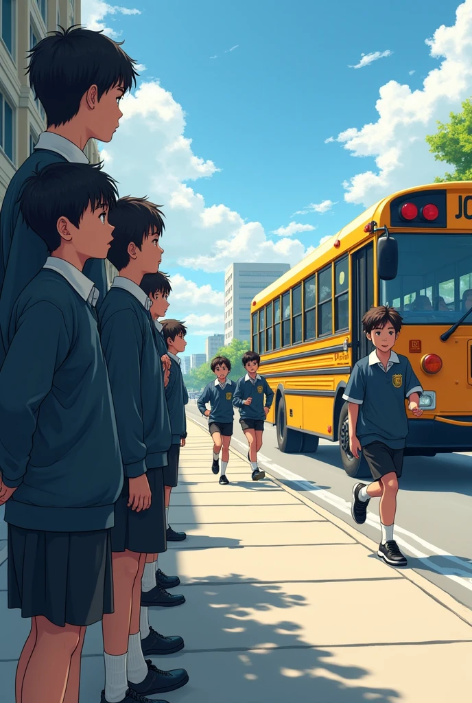 Boys looking ahead as a bus passes by while other boys in school uniforms run towards it 