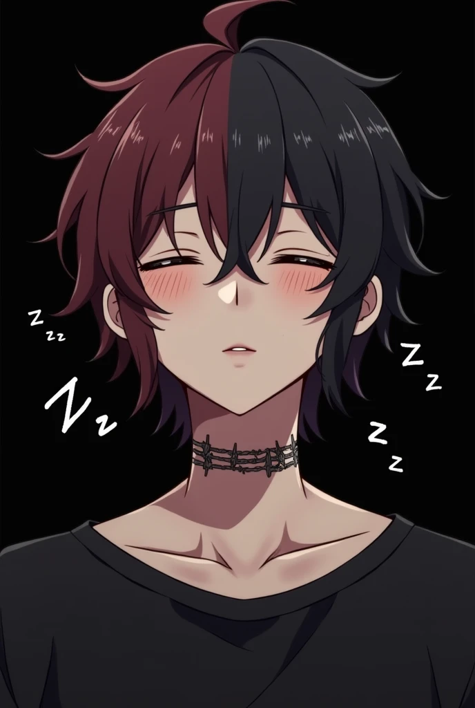 Young anime style man sleeping, light skinned. Medium long hairstyle. Short and straight chameleon. Black hair color on the right side and light burgundy hair color on the left. eyes closed sleeping. with black clothes. Barbed wire tattoo in the center of the neck. Dilations each ear. man face. Black background. With expressions "zzz" generating a sleeping effect. Not blushing.