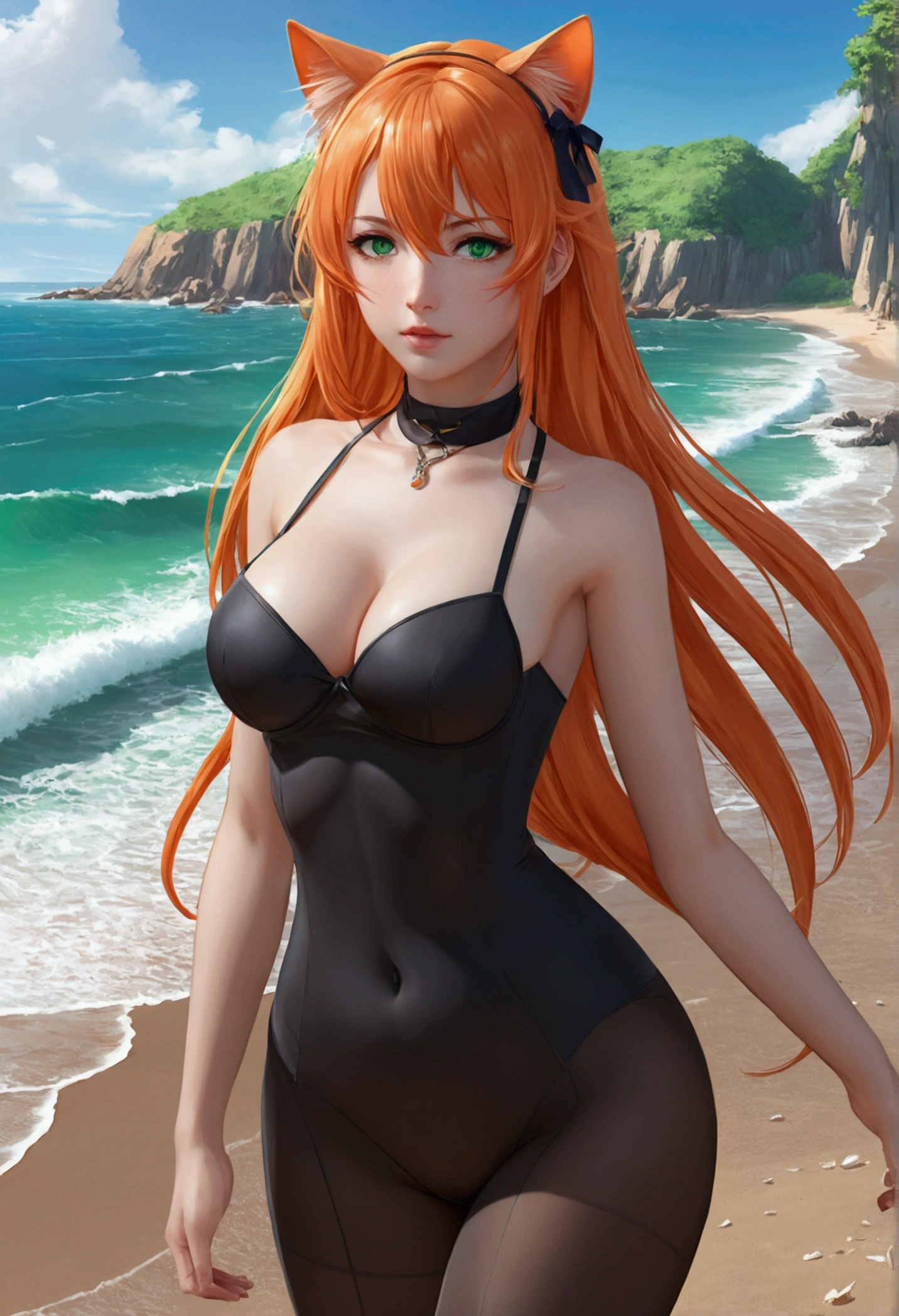 anime girl with long orange hair standing on beach near ocean, green eyes detailed digital anime art, cat ears, , anime girl with long hair, smooth anime cg art, anime girl with long hair, average breast size, digital anime art, artwork in the style of guweiz, beautiful anime portrait, photorealistic anime girl render, beautiful anime girl, advanced digital anime art, pantyhose, guweiz on artstation pixiv upscale HD UHD HQ
