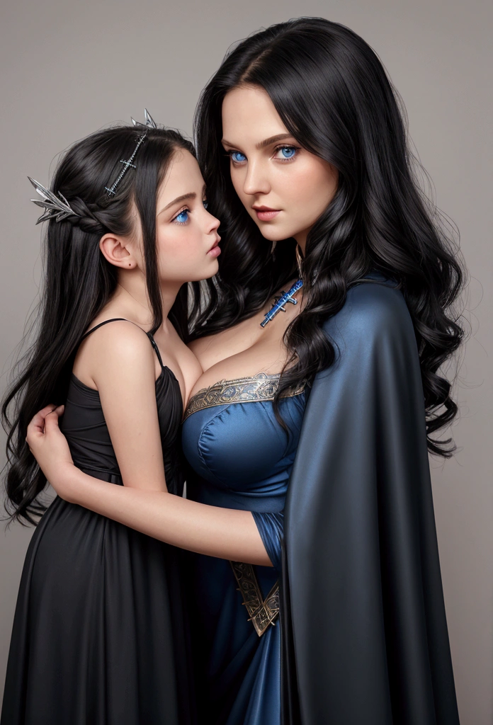 mother and daughter, break: mature, evil, middle-age, long black hair , blue eyes, detailed face, beautiful face, cleavage, curvy body, tall, chubby, dress with cape, dresing with christian cross, break: daughter, girl, very small breats, slim, ager(1.3),13 yenager, big bublack hair,blue eyes, detailed face, angelical face,cleavage, very small breasts, dress with cape, dresing with christian cross, soft lesbian, soft kiss