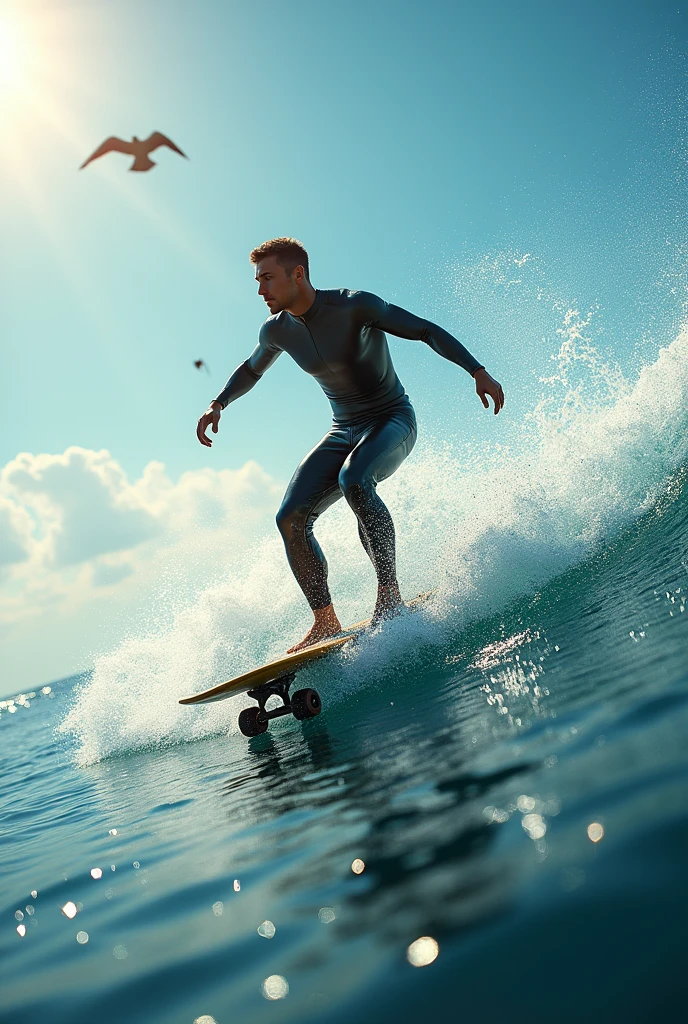 Man surfing with skateboard on the sea