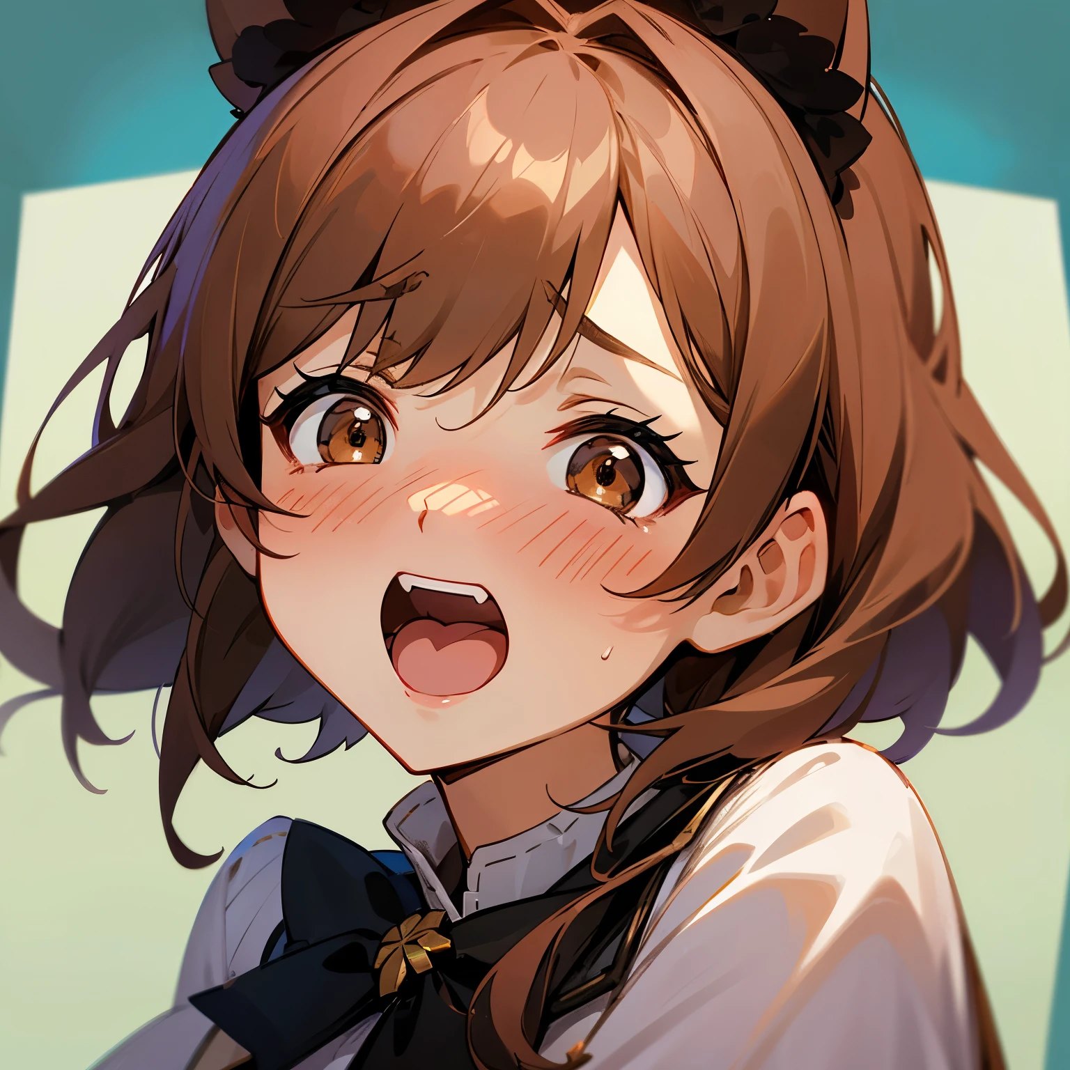 1 fille, solo, Longhaire, Regardant le spectateur, opened mouth, brown-hair, blushed, big boobs, Langue Sortie, Salive, Embarrassed, Baver, Brown eyes