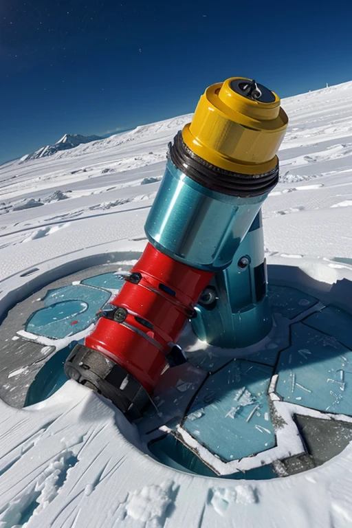 Drill,  decorated with bright colors and designs,  drills into a block of ice in the Arctic latitudes.