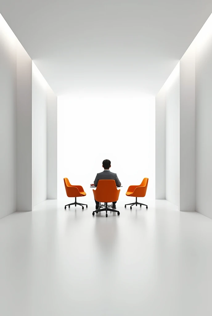 Make me a picture where a person appears sitting making some 3D drone shots In a large office with white walls that is totally minimalist, Use: The chairs should be square orange office chairs with black chair arms.