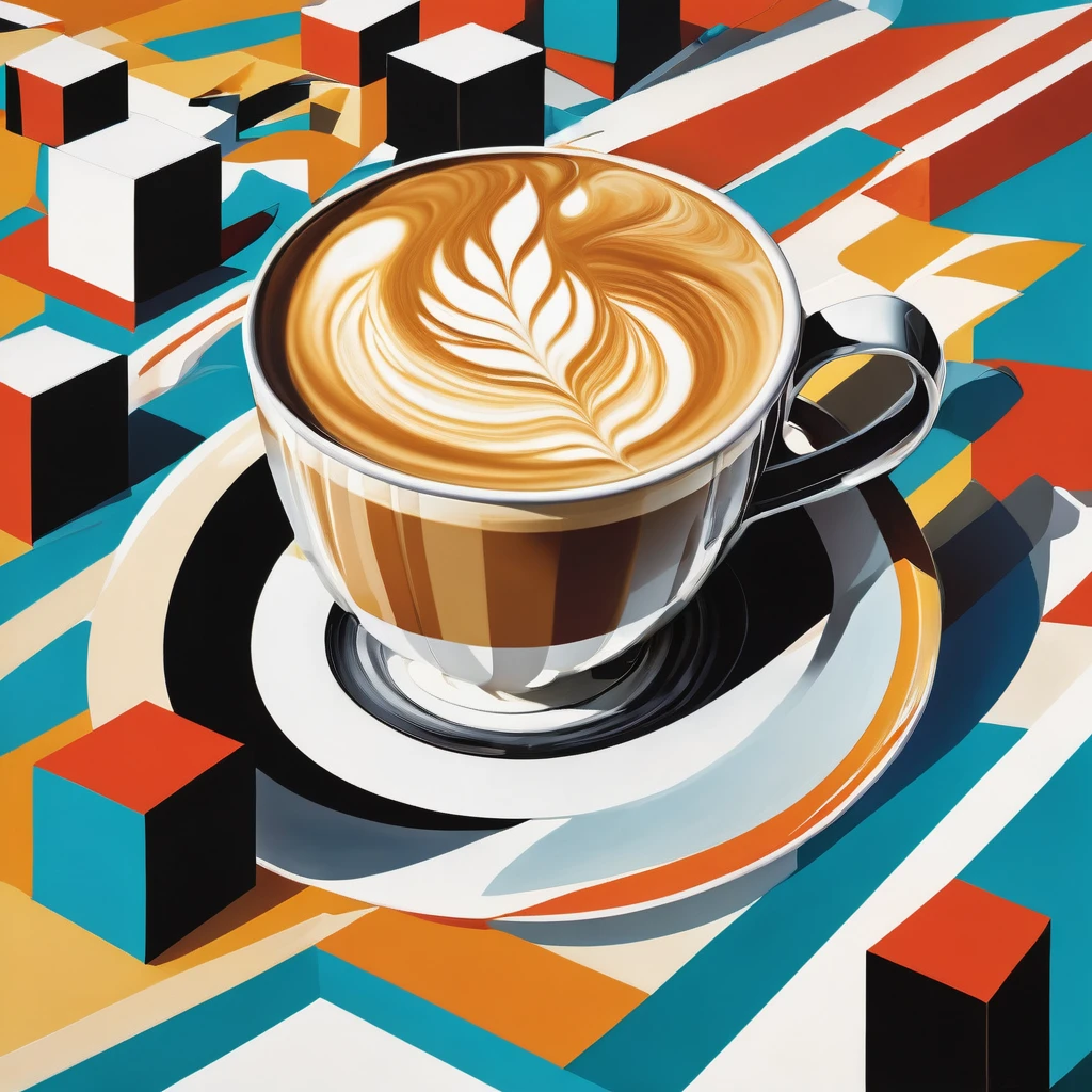 "Visualize an interpretation of a latte macchiato. Break down the shape of the latte macchiato into geometric shapes and fragmented planes, To capture its movement and energy in a unique and abstract way. Incorporate bold colors and sharp angles, to convey a feeling of movement and tension. Play with perspective and layering, to create a multidimensional composition, which questions traditional notions of space and form. Be inspired by the avant-garde spirit of surreal realism and see nature in a fresh and innovative light.. Unleash your creativity, as you bring this imaginative scene to life on the screen 