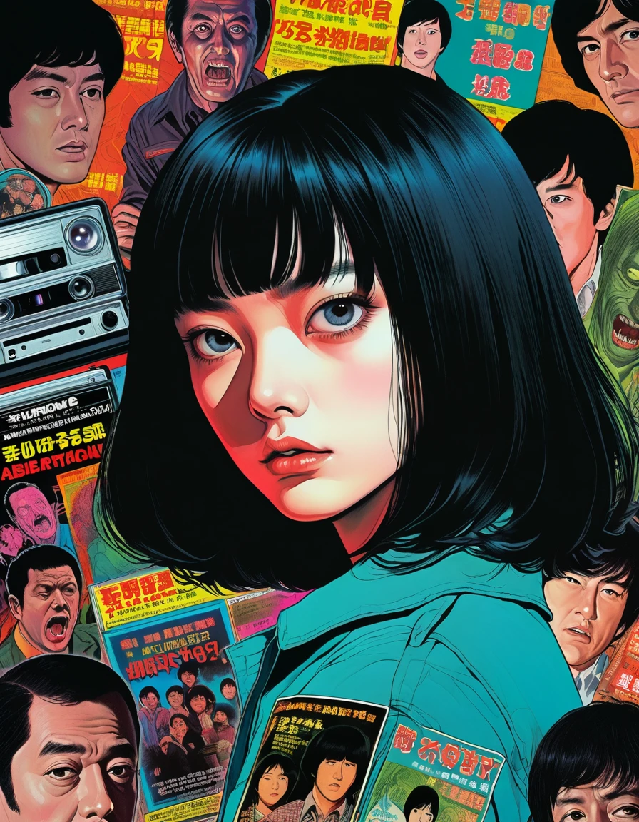 black haired man, an illustration、art、70s horror movie posters, Supervised by Junji Ito、High detail, Realistic Shadows、Analog Style, chromatic aberration, Surrealism、Complementary Gradient, nightmare, overreaction, attention to detail, vhs style