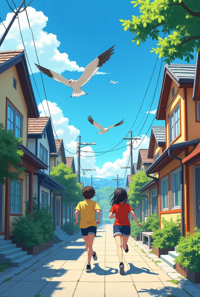Make a sketch of two people running on the left side on the street around nice houses and birds flying near them in anime style
