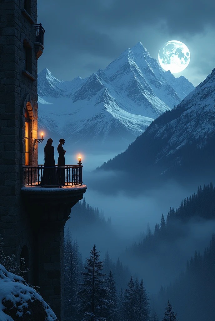 A castles balcony, that is looking at the snowy mountains. At the foot of the mountains there is mist, and there are a lot of trees. On the balcony, there is two people, a woman and a vampire standing next to each other, looking at the mountains, but they are shadows. And it's night and it's really dark outside. There is some candles giving a little mood to the picture. On the sky, there is the moon and the sky is dark