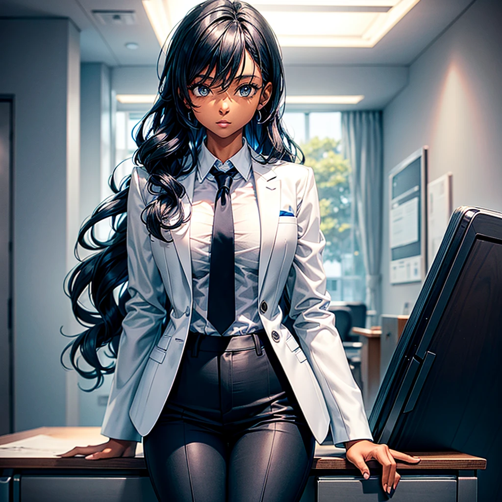 Adult black girl with short blue and wavy hair, tall stature and slim build, wearing a smart white shirt and smart jacket with an untied black tie and white smart pants sitting on top of a desk in a large office.
