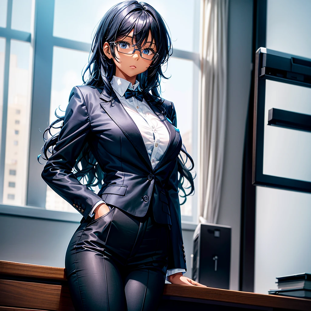 Adult black girl with short blue and wavy hair, tall stature and slim build, wearing a smart white shirt and smart jacket with an untied black tie and white smart pants sitting on top of a desk in a large office.