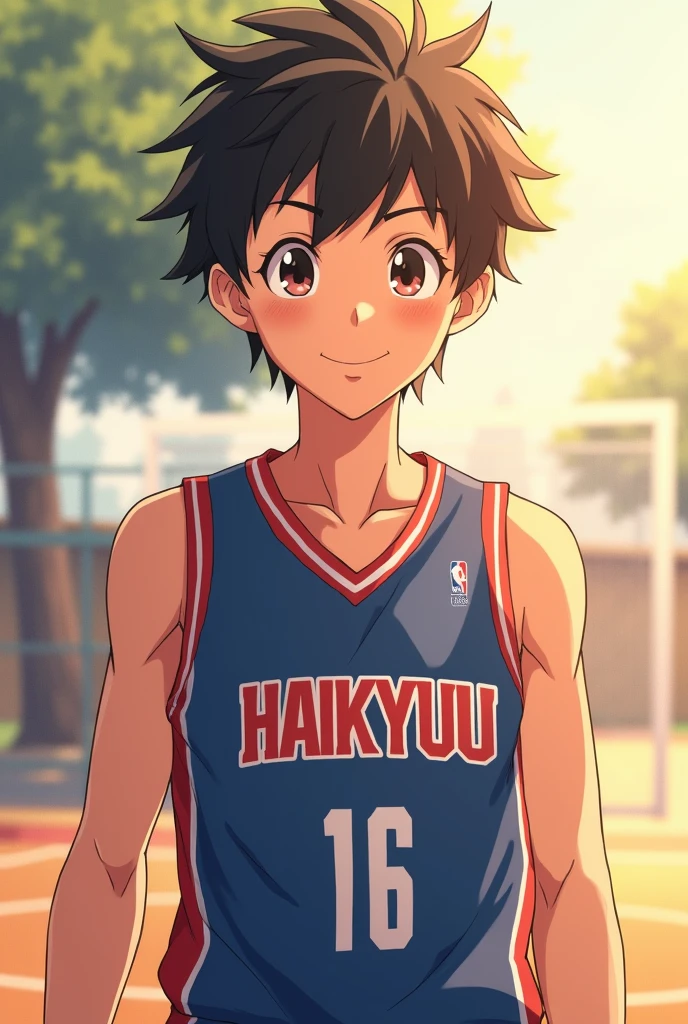 a male character, wavy, cute and approximately 16 years old in the style of the anime Haikyuu