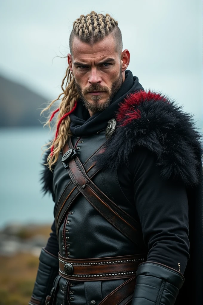 Viking look, around 20 years old, male, longer hair, blonde with shaved sides, some braided strands, parts of hair colored in vibrant red, wearing black military uniform 