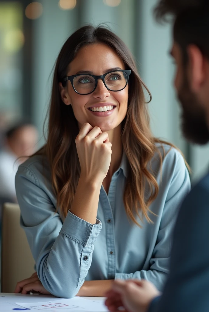 BCreate a truly realistic photo of a 35-year-old brunette with glasses, straight hair, blue eyes. Talking to a satisfied client at the desk about social media, showing a presentation during the day. The lighting should be natural and the mood of the image should be positive. Make sure the photo captures the realistic atmosphere of the context. The shot also shows a relaxed atmosphere.