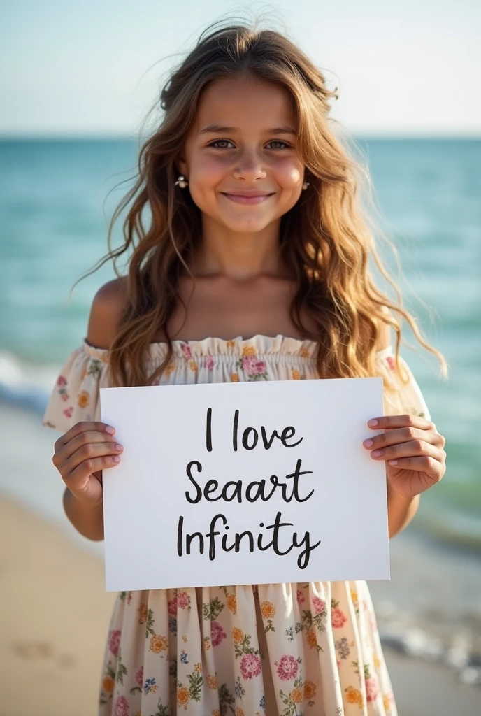 Beautiful girl with wavy long hair, bohemian dress, holding a white board with text "I Love Seaart Infinity" and showing it to the viewer