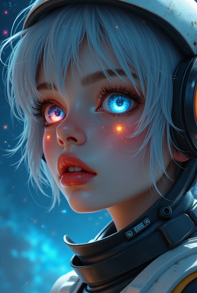 (Close-up of a better masterpiece:1.5)0.9], (Space and astronauts:1.2) (Messy silver hair:1.1) (Heterochromia xanthochromia and blue eyes:1.2) (Space Helmet:1.0) (Colored stars in the eyes:1.0) (A radiant glow:1.1) (thick lips:0.9)