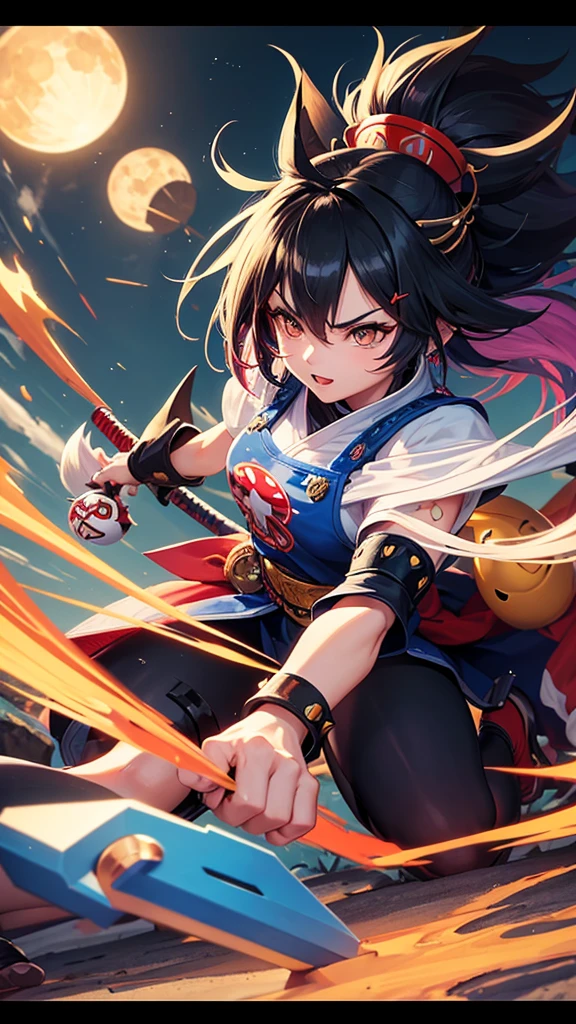  Epic chibi-style samurai wolf gamer, detailed and vibrant, wearing Super Mario World attire, in a dramatic battle pose against a cartoonish boss from the game."