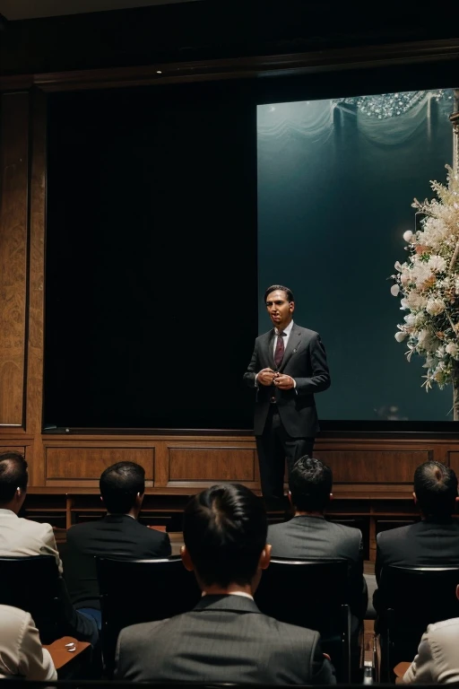 Businessman in an italian suit leading executive lecture on an beautifull stage with a big screen behind, 4k, uhd, very detailed, high quality, high focus, superior quality, intricate details, sharp and clear, photo