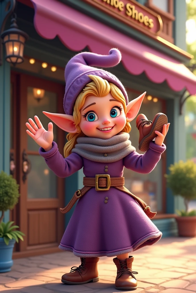 Very happy female shoemaker elf in purple clothes outside a women&#39;s shoe store called MC Shoes waving with a shoe in her hand