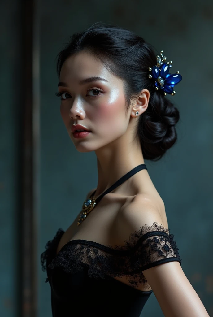 Classic black ballerina with blue gemstone classical ballet costume Beautiful and luxurious conceptual photo High quality 8k No defects 