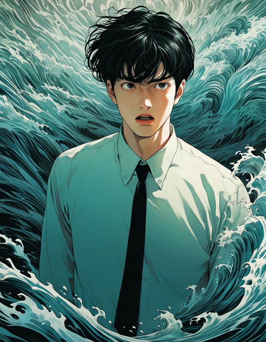 black haired man, An illustration、art、Supervised by Junji Ito、Overaction、Overreaction、Pretending to be scared、Attention to detail, Realistic shadows、Analog Style, chromatic aberration, Surrealism