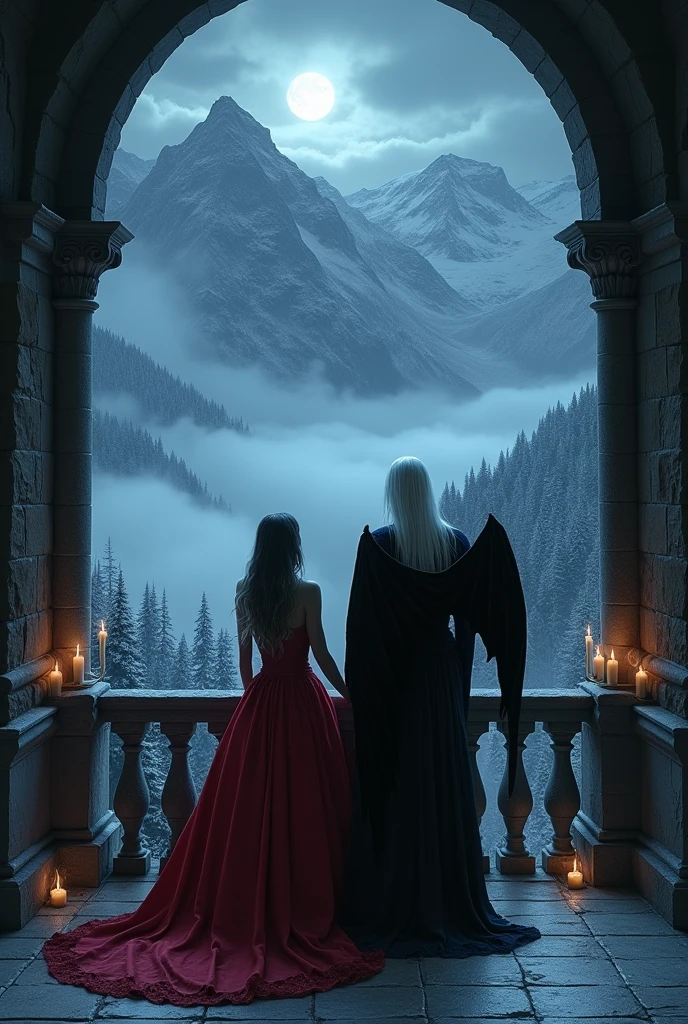 A castles balcony, that is looking at the snowy mountains. At the foot of the mountains there is mist, and there are a lot of trees. On the balcony, there is two people, a woman and a vampire standing next to each other, looking at the mountains, but they are shadows. The vampire has a long white hair, and bag wings. The woman have a long red ballgown. And it's night and it's really dark outside. There is some candles giving a little mood to the picture. On the sky, there is the moon and the sky is dark