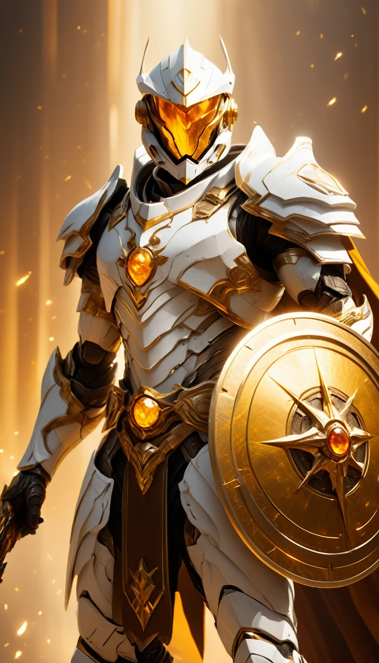 Masterpieces, male, Holy white Knight, (white armor) Action style shot, (no undercloth), holding a shield in one hand a spear in the other, Glowing amber colored Christian Cross on breastplate, (Battle Priest in a warframe and halo style armor holding a shield with radiant amber light, emanating potent gold light magic.), (amber half cape), (action shot: bracing with shield), (white, amber and gold color scheme), (5 amber gems on belt), (holy light magic effects), white and amber tabard (solid gold color background), (holy light magic background effects), centered, full body shot fighting, sci-fi knight, Halo master chief, vibrant colors, visible figure joints, cinematic shot, volumetric lighting, intricate pattern detail, highly detailed