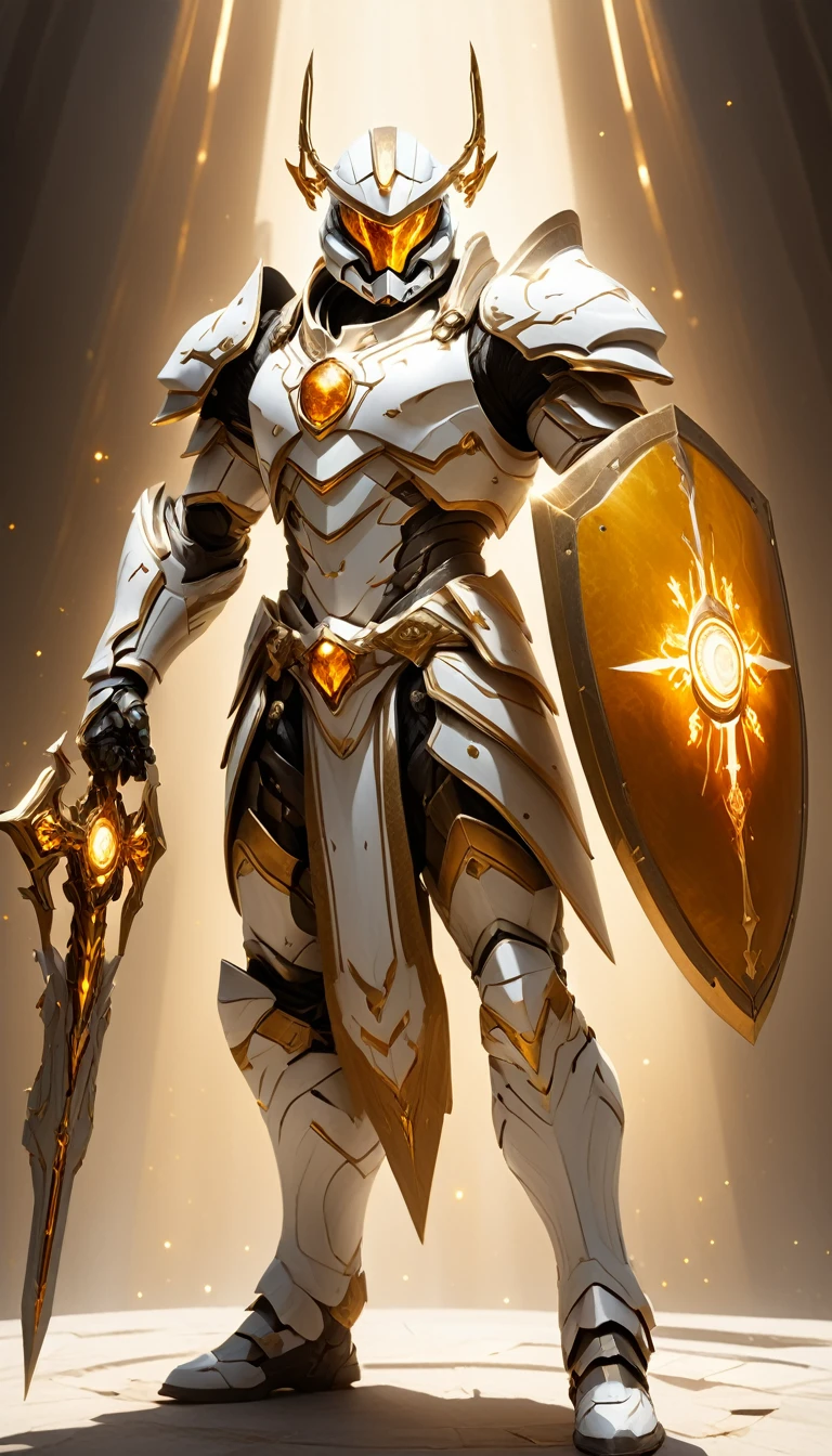Masterpieces, male, Holy white Knight, (white armor) Action style shot, (no undercloth), holding a shield in one hand a spear in the other, Glowing amber colored Christian Cross on breastplate, (Battle Priest in a warframe and halo style armor holding a shield with radiant amber light, emanating potent gold light magic.), (amber half cape), (action shot: bracing with shield), (white, amber and gold color scheme), (5 amber gems on belt), (holy light magic effects), white and amber tabard (solid gold color background), (holy light magic background effects), centered, full body shot fighting, sci-fi knight, Halo master chief, vibrant colors, visible figure joints, cinematic shot, volumetric lighting, intricate pattern detail, highly detailed