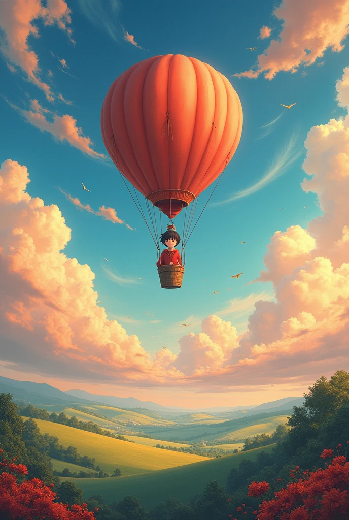 Check the cover of the work borders and that the main image of the cover is a landscape with many clouds of warm-colored tones and that the protagonist who is a black-haired girl is in a hot air balloon but the drawing style is the same as that of the movie Spirited Away