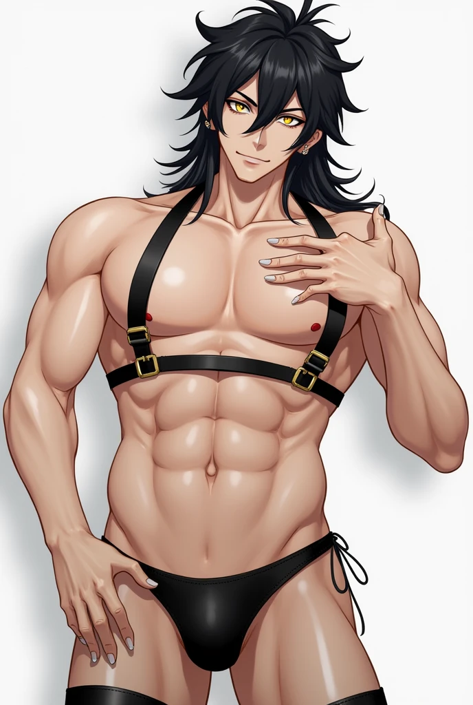 Handsome male, black hair, long hair, yellow eyes, ear piercings, detailed body, detailed hands, no shirt, wearing chest harness, black thong, black boots, arrogant look, good looking, ring on finger, big bulge in thong