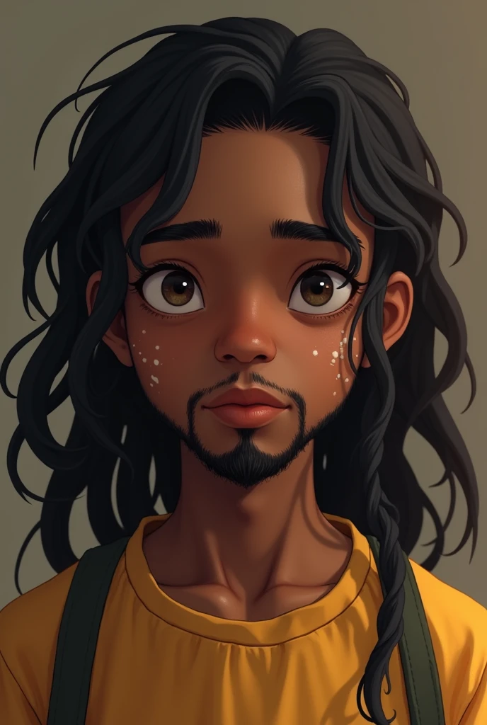 A black boy with Asian features, cute, long hair and vitiligo, he is young and has a beard 