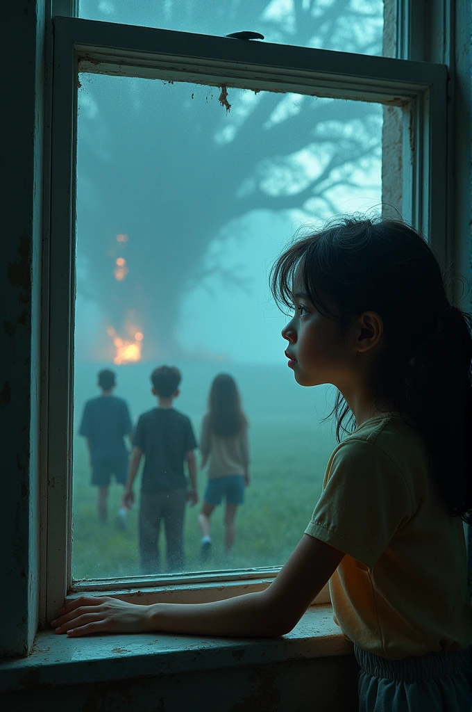 Young girl at a window with terrifying experiments, like zombies, In the distance about six young people with normal experiments