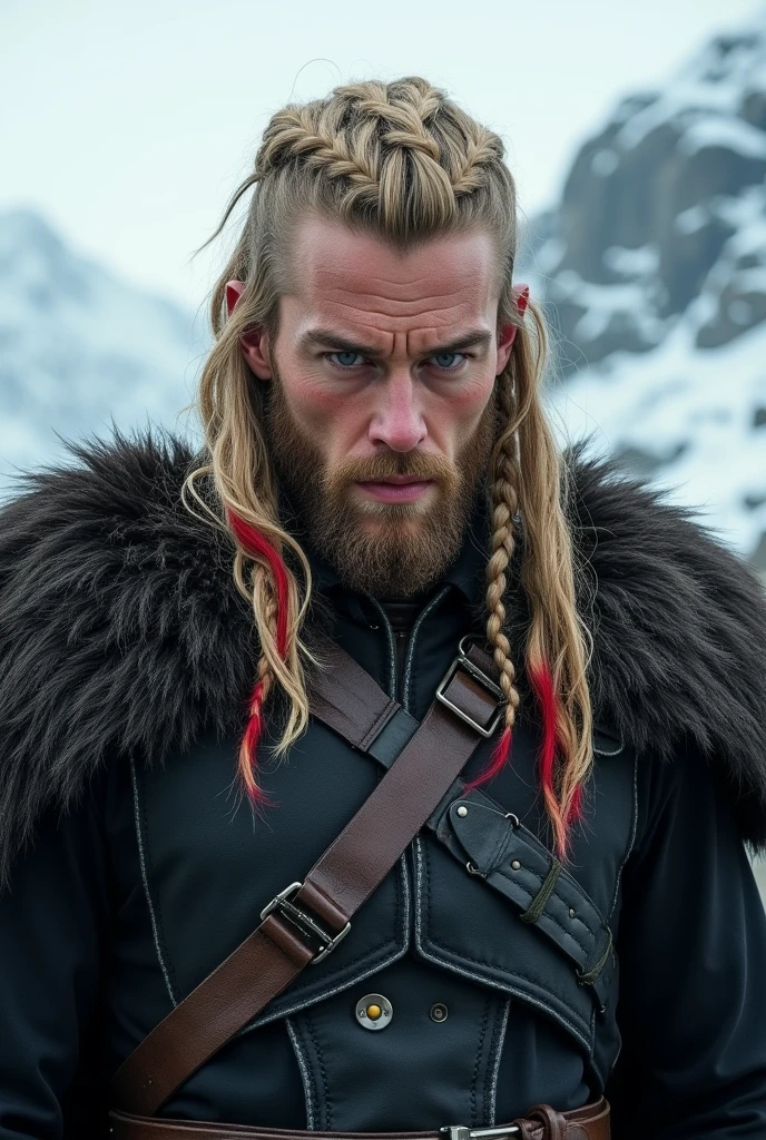 Viking look, around 20 years old, male, longer hair, blonde with shaved sides, some braided strands, parts of hair colored in vibrant red, wearing black military uniform