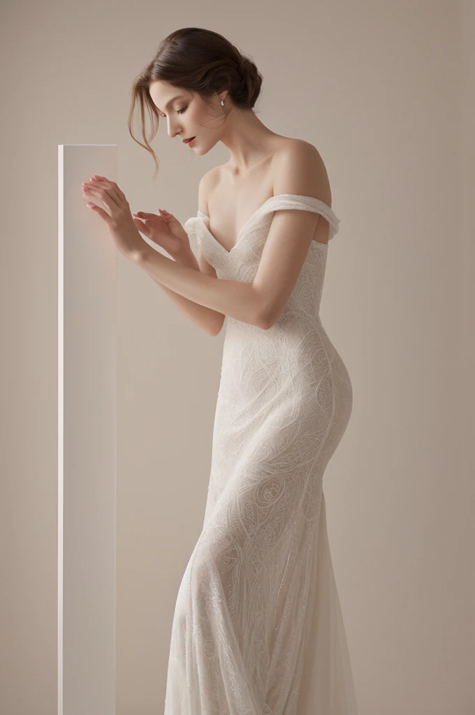{{A ((delicate)) depiction of {((a thin model in a stylish, flowing evening gown))}}} with {((a graceful pose and soft expression))}. This is a {((high fashion photography))}-inspired image that showcases {((elegance and sophistication))}. The environment/background should be {((an indoor studio setting with a minimalist, clean backdrop))} to create an {((ethereal and serene))} atmosphere. The image should be in the style of a {((glamorous fashion photograph))}, incorporating elements of {((Vogue magazine, Mario Testino, and high-end couture fashion))}. The {((medium shot))} captured with a {((85mm short telephoto))} lens will provide a {((sharp, intimate view))}. The lighting should be {((soft and diffused))}, emphasizing {((the model's silhouette and the fabric's texture))}. The desired level of detail is {((high))} with a {((4K))} resolution, highlighting {((the model's features and the gown's intricate details))}. The goal is to create a {((captivating))} image that captivates viewers with its {((refined beauty))}.