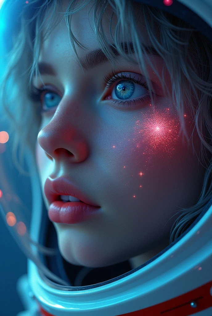 (Close-up of a better masterpiece:1.5)0.9], (Space and astronauts:1.2) (Messy silver hair:1.1) (Heterochromia xanthochromia and blue eyes:1.2) (Space Helmet:1.0) (Colored stars in the eyes:1.0) (A radiant glow:1.1) (thick lips:0.9)
