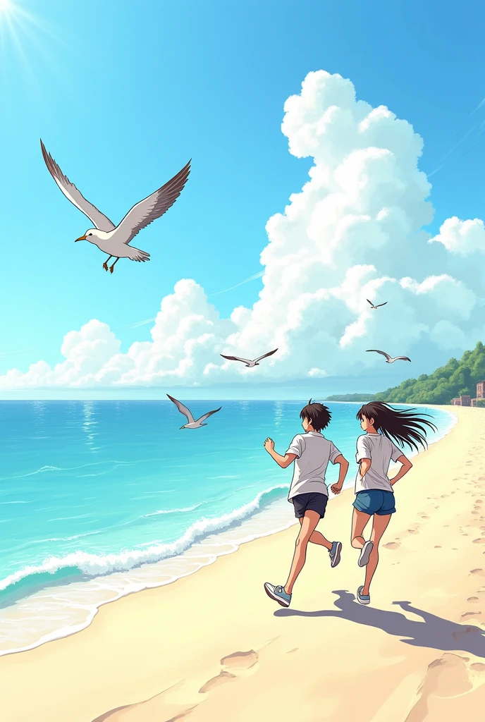 Make a sketch of two people running to the left side towards a beach and birds flying near them in anime style