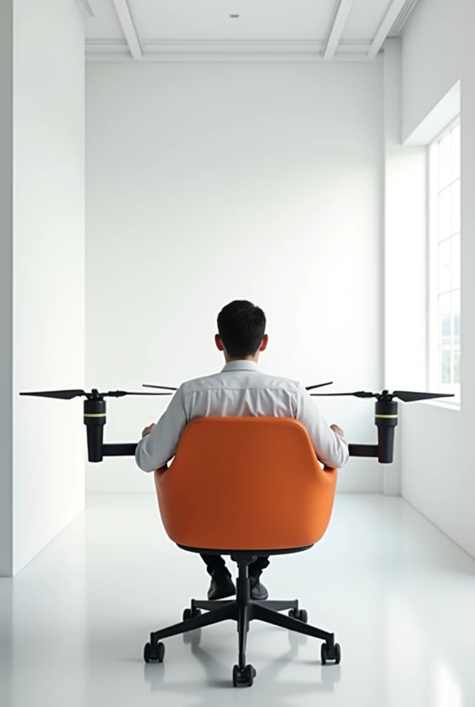 Make me an image where a person appears sitting doing a simulation of a drone In a totally minimalist white-walled office, Use: The chairs should be square orange office chairs with black chair arms.