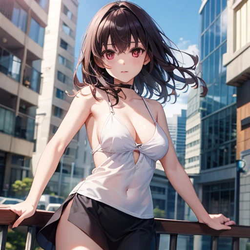 ((masterpiece,High resolution,Highest quality,8k)) Utaha Kasumigaoka, BREAK, female, dark hair, red eyes, BREAK, ample breasts, slender, bare collarbone BREAK: (little black dress), (bare arms), (bare shoulders), BREAK: posing haughtily, condescending look