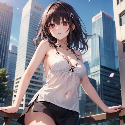((masterpiece,High resolution,Highest quality,8k)) Utaha Kasumigaoka, BREAK, female, dark hair, red eyes, BREAK, ample breasts, slender, bare collarbone BREAK: (little black dress), (bare arms), (bare shoulders), BREAK: posing haughtily, condescending look
