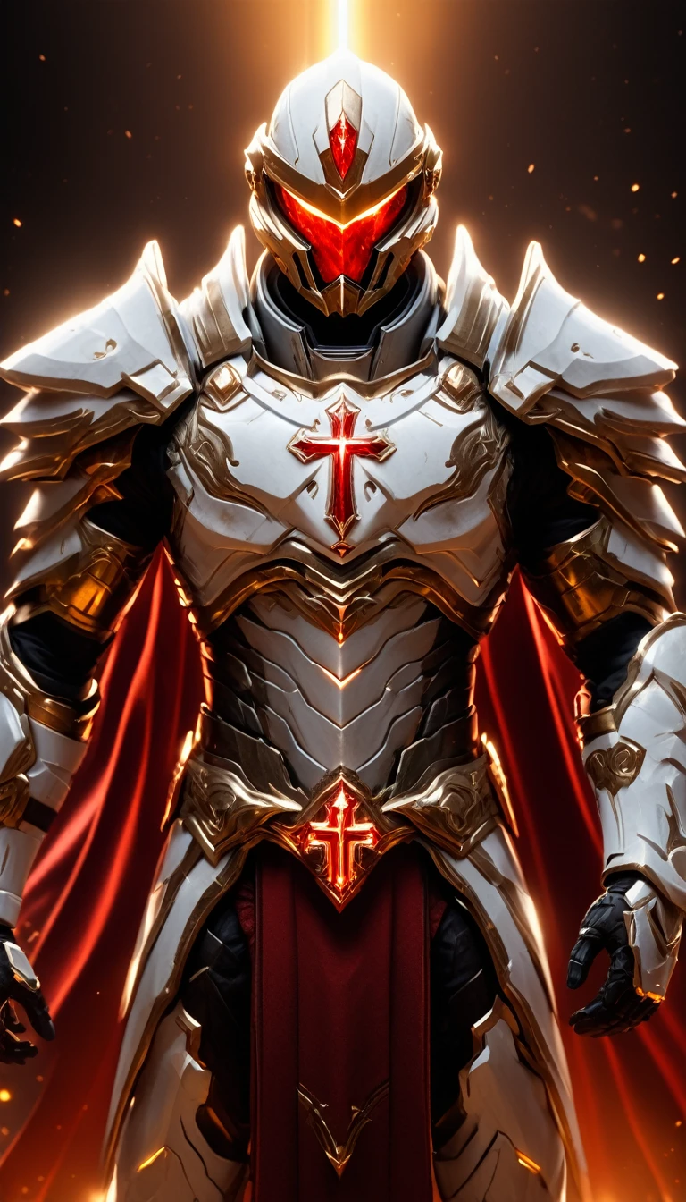 Masterpieces, male, Holy white Knight, (white armor) Action style shot, Glowing red colored Christian cross on chest made of a large gem on chest (Battle Priest in a warframe and halo style armor wielding a claymore with radiant red light, emanating potent gold light magic.), (action shot: brandishing radiant claymore ), (white, red and silver color scheme), (5 red gems on belt), (large Christian cross on chest and abdomen), (red magic effects), (redhalf cape), white and red tabard (solid gold color background), (gold magic background effects), centered, full body shot fighting, sci-fi knight, Halo master chief, vibrant colors, visible figure joints, cinematic shot, volumetric lighting, intricate pattern detail, highly detailed