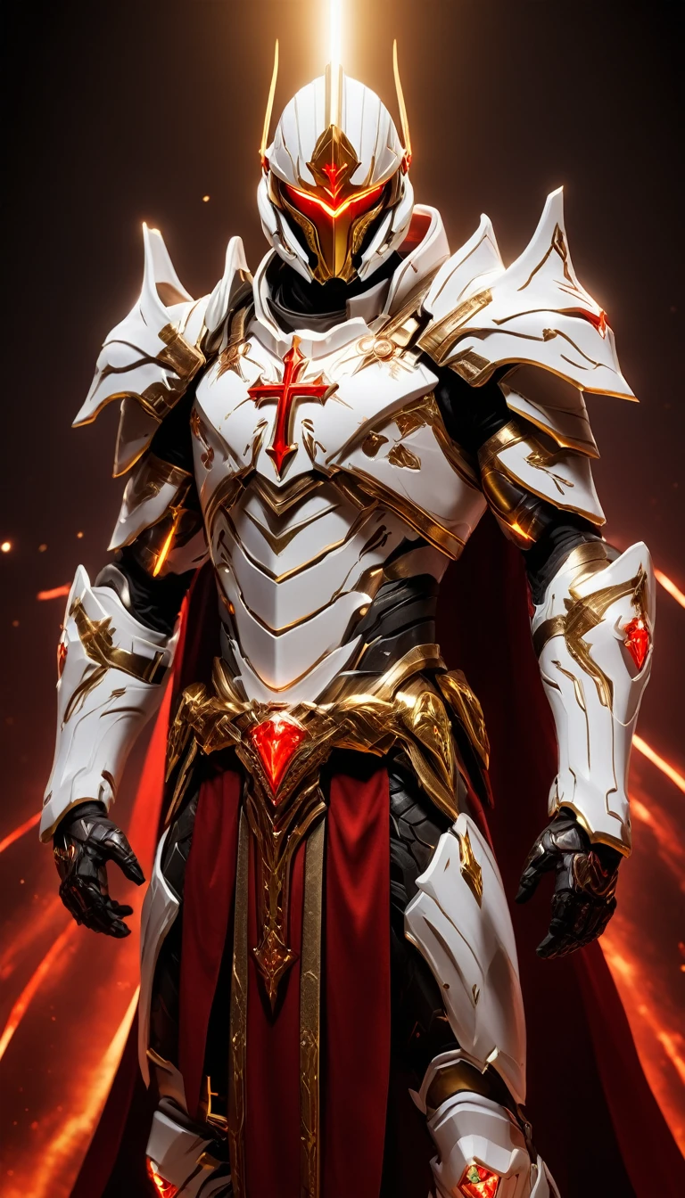 Masterpieces, male, Holy white Knight, (white armor) Action style shot, Glowing red colored Christian cross on chest made of a large gem on chest (Battle Priest in a warframe and halo style armor wielding a claymore with radiant red light, emanating potent gold light magic.), (action shot: brandishing radiant claymore ), (white, red and silver color scheme), (5 red gems on belt), (large Christian cross on chest and abdomen), (red magic effects), (redhalf cape), white and red tabard (solid gold color background), (gold magic background effects), centered, full body shot fighting, sci-fi knight, Halo master chief, vibrant colors, visible figure joints, cinematic shot, volumetric lighting, intricate pattern detail, highly detailed