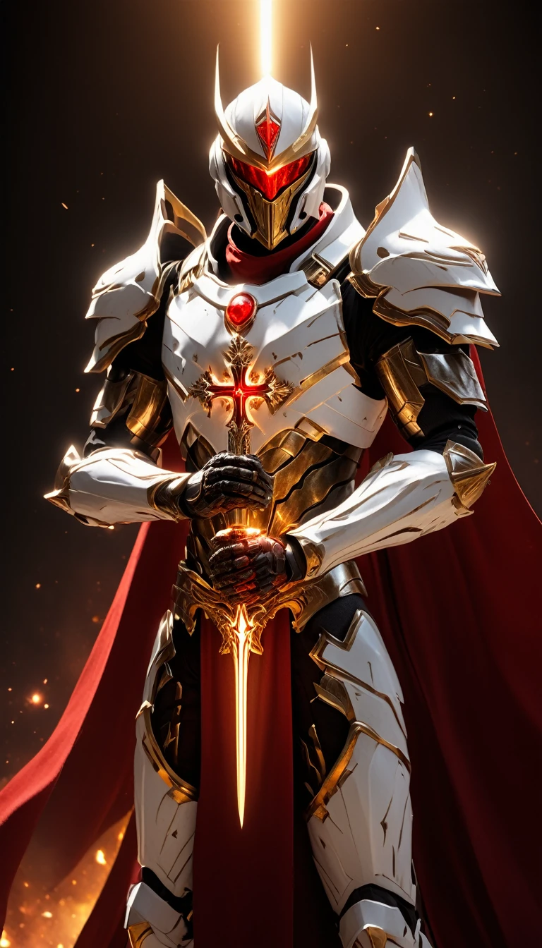 Masterpieces, male, Holy white Knight, (white armor) Action style shot, Glowing red colored Christian cross on chest made of a large gem on chest (Battle Priest in a warframe and halo style armor wielding a claymore with radiant red light, emanating potent gold light magic.), (action shot: brandishing radiant claymore ), (white, red and silver color scheme), (5 red gems on belt), (large Christian cross on chest and abdomen), (red magic effects), (redhalf cape), white and red tabard (solid gold color background), (gold magic background effects), centered, full body shot fighting, sci-fi knight, Halo master chief, vibrant colors, visible figure joints, cinematic shot, volumetric lighting, intricate pattern detail, highly detailed