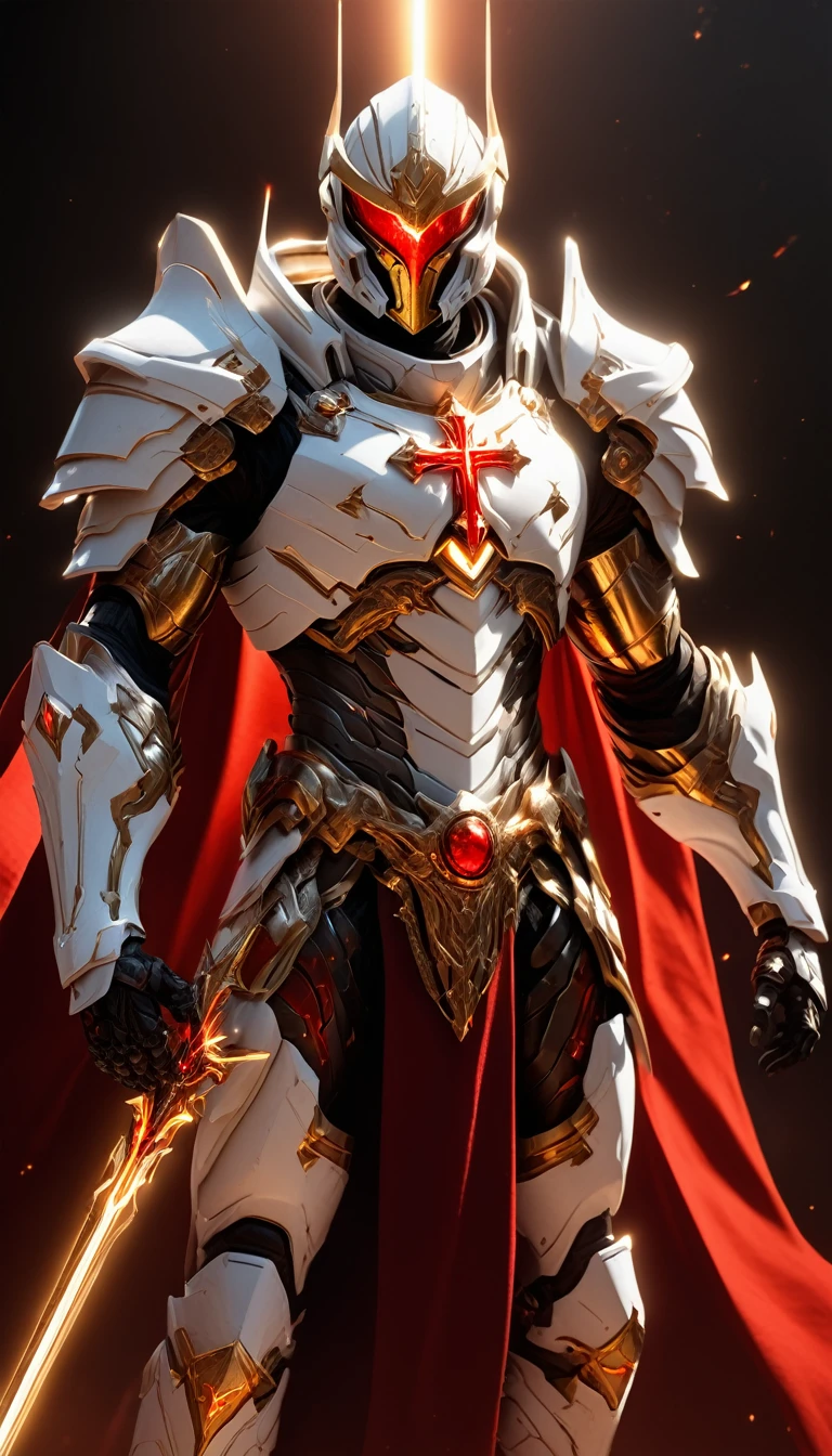 Masterpieces, male, Holy white Knight, (white armor) Action style shot, Glowing red colored Christian cross on chest made of a large gem on chest (Battle Priest in a warframe and halo style armor wielding a claymore with radiant red light, emanating potent gold light magic.), (action shot: brandishing radiant claymore ), (white, red and silver color scheme), (5 red gems on belt), (large Christian cross on chest and abdomen), (red magic effects), (redhalf cape), white and red tabard (solid gold color background), (gold magic background effects), centered, full body shot fighting, sci-fi knight, Halo master chief, vibrant colors, visible figure joints, cinematic shot, volumetric lighting, intricate pattern detail, highly detailed
